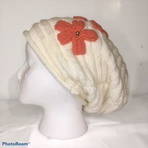 White Knitted Slouch Beanie With Gold Trimmed Pink Flowers
